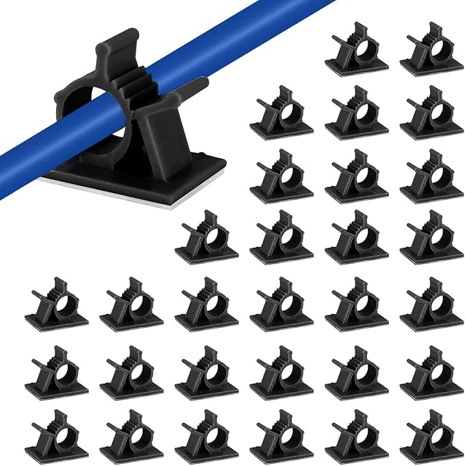 Viaky 30Pcs Black Adjustable Cable Clips,Adhesive Wire Management Clips | Reusable Buckle Self-Adhesive Wiring Fixing Nylon Bracket Wire Management Suitable for 0.3 Inch Diameter(8mm) Cable