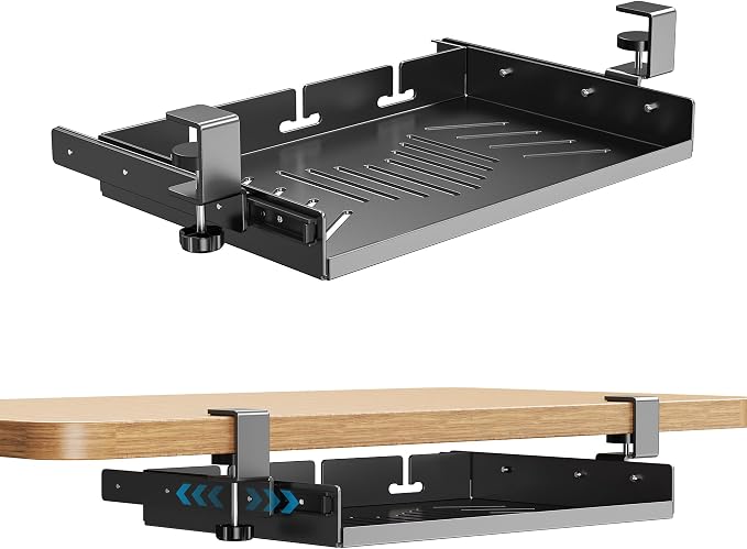 BYMECOST Sliding No Drill Under Desk Laptop Mount, Metal Storage Shelf | Slide Out Laptop Storage Tray for Macbook, Mac Mini, Anti-scratch Silicone, fits Office, Gaming, Workstations