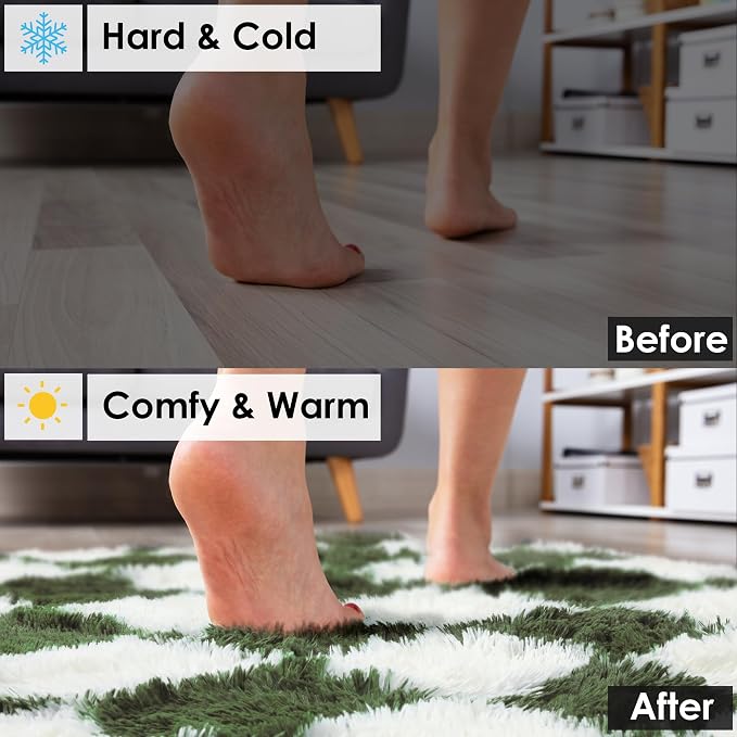 KICMOR Area Rugs for Bedroom Living Room, 4x6 Soft Fluffy Olive Green and White Checkered Shag Rug Fuzzy Shaggy Plush Bedside Carpet, Non-Slip Indoor Floor Rug for Boys Girls Room Nursery Home Decor