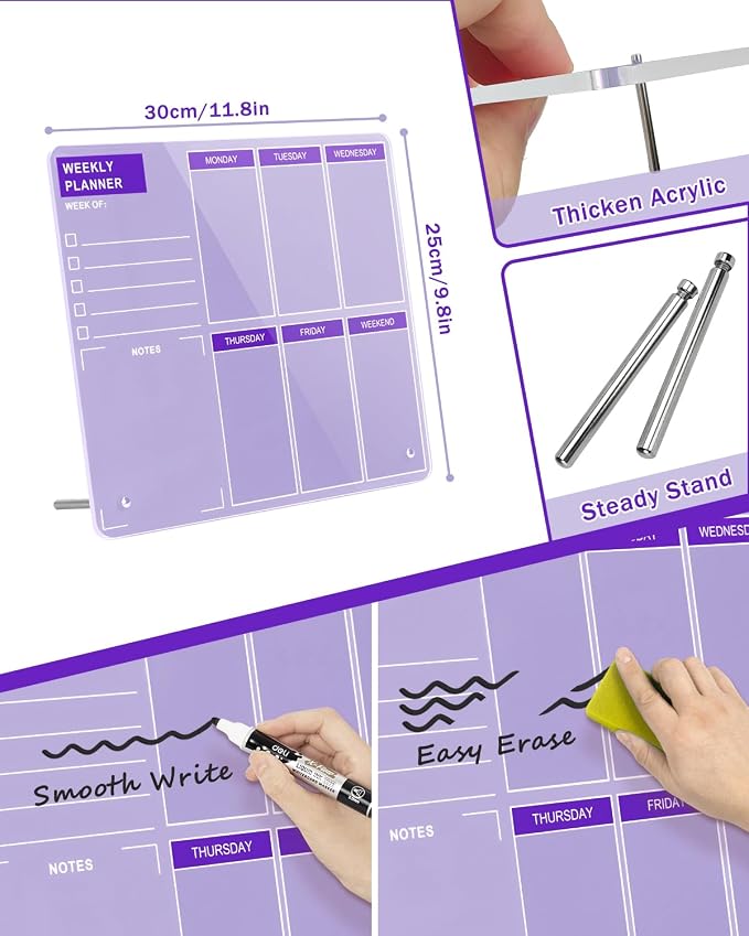 Desktop Thickened Acrylic Dry Erase Board, Weekly White Board with to Do List, Tabletop Whiteboard with Stand, Frameless Dry Erase Purple Board，9.8"x11.8" for Office, Home, School(Desktop-PUR-2530)