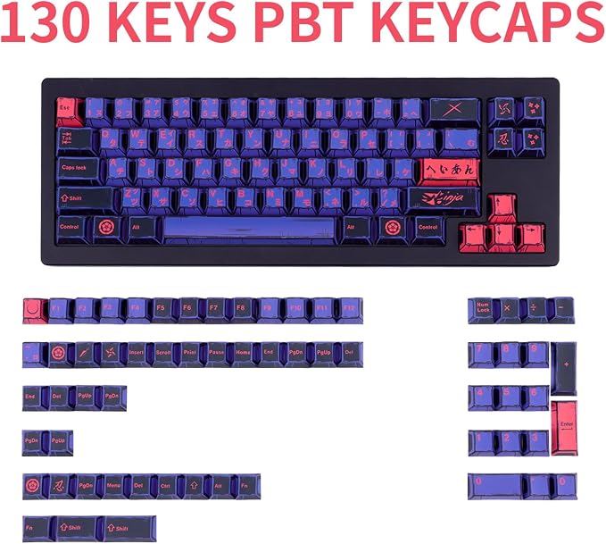 Purple Japanese PBT Custom Keycaps, 130 Keys Black Purple Manga Key Caps, Cherry Profile Dye Sublimation Keyboard Keycap Set for Cherry MX Gateron Kailh Switches Mechanical Keyboard