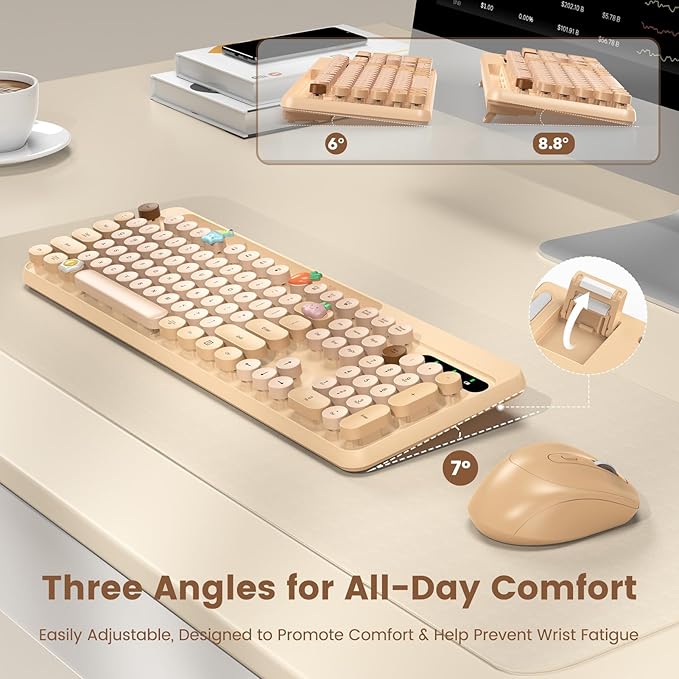 Wireless Keyboard and Mouse Combo, Retro Round Keycaps, Full-Size Stylish Typewriter Keyboard with Phone/Tablet Holder, Ergonomic Mouse with 3-Level DPI, 2.4GHz Connection for Windows/PC (Milk-Tea)