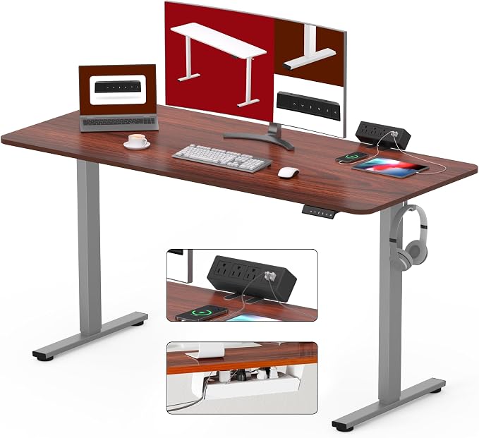 SANODESK Electric Standing Desk with Desk Clamp Power Strip 55"x 28" Whole-Piece Desktop Height Adjustable Stand Up Desk with Cable Management Sit Stand Home Office Desk Silver Frame/Mahogany Top