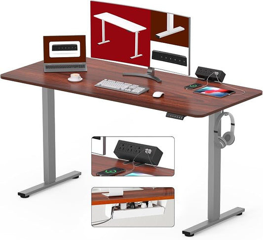 SANODESK Electric Standing Desk with Desk Clamp Power Strip 55"x 28" Whole-Piece Desktop Height Adjustable Stand Up Desk with Cable Management Sit Stand Home Office Desk Silver Frame/Mahogany Top