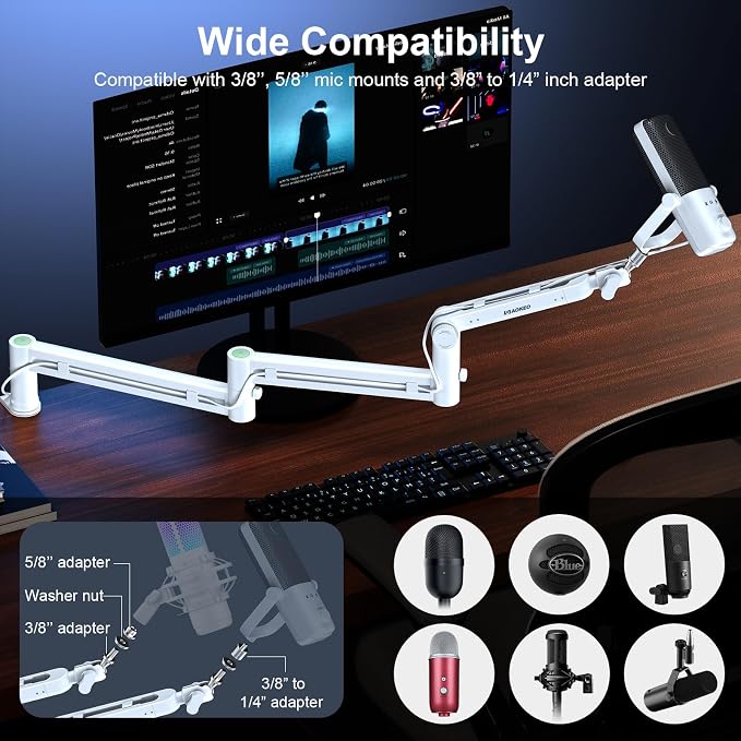 Microphone Arm,Aokeo AK-58i Desk Low Profile Mic Boom Arm Stand,Suitable For Blue Yeti,Snowball iCE,HyperX QuadCast,SoloCast,Elgato Wave,Etc（White）