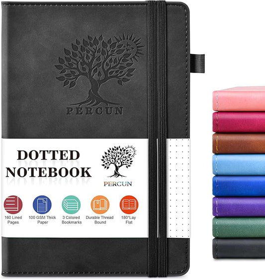 PERCUN Dotted Journal Notebook for Men & Women, 160 Pages Dot Grid notebook, A5 Hardcover Leather Bullet Journaling for Writing, Work, School, Travel, Daily Diary 5.9" x 8.5" (Black)