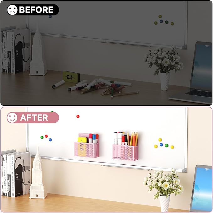 Marbrasse Magnetic Dry Erase Marker Holder, Mesh Pen Holder for Whiteboard，Magnet Pencil Organizer Storage for Refrigerator Locker Accessories Organizer for Home, School and Office(Pink)