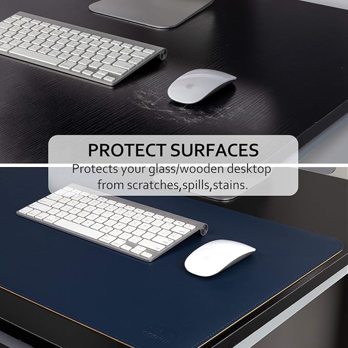 Dark Blue/Yellow Dual-Sided PU Leather Desk Pad, Upgraded Sewing Laptop Mat, Waterproof Large Mouse Pad, Non-Slip Writing/Painting Mat Desk Blotter Protector for Office/Home 31.5"x15.8" (80x40cm)