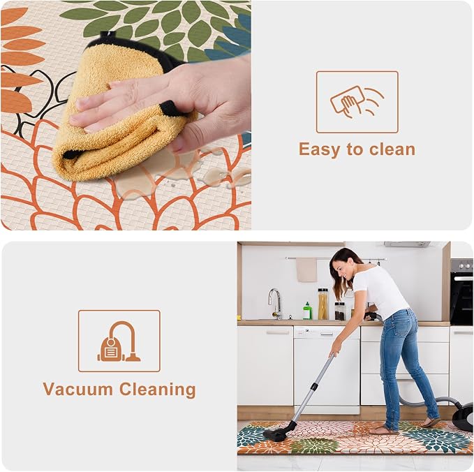 KIMODE Anti Fatigue Kitchen Mats for Floor 2PCS, Cushioned Standing Mats | 17"x47"+17"x29",Dahlia Floral,orange, Boho Floor Mats set of 2,Non Slip,Waterproof,Comfort Mat for Sink Office Laundry home