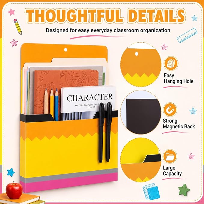 Gilprop 6 Pcs Assorted School Style Magnetic File Folder Holder Pocket File Organizer Classroom Decor Teacher Desk Accessories for Whiteboard Mail Paper Book No Drilling Desk Door Classroom Essential