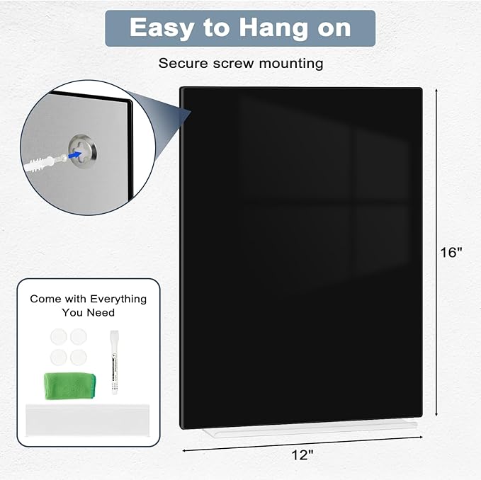 Magnetic Glass Whiteboard, 16" x 12", Frameless Wall Mount, Black | Glass Dry Erase Board for Wall, Includes 1 Marker Tray and 4 Magnets, White Board for Office, Home, Classroom