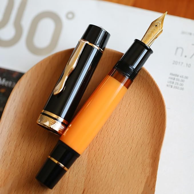 erofa Majohn P139 Piston Fountain Pen Extra Fine Nib with Box, Brass Piston System Large Capacity Resin Writing Pen, Black Yellow
