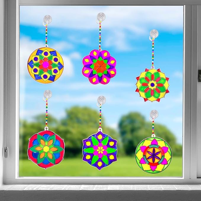 AUEKIV 30 Sets Suncatcher Kit Mandala Suncatchers Window Art Paint Sun Catcher DIY Craft Kits Flower Suncatcher Kit for Summer Decoration Home Activity Art Project Birthday Party Favors
