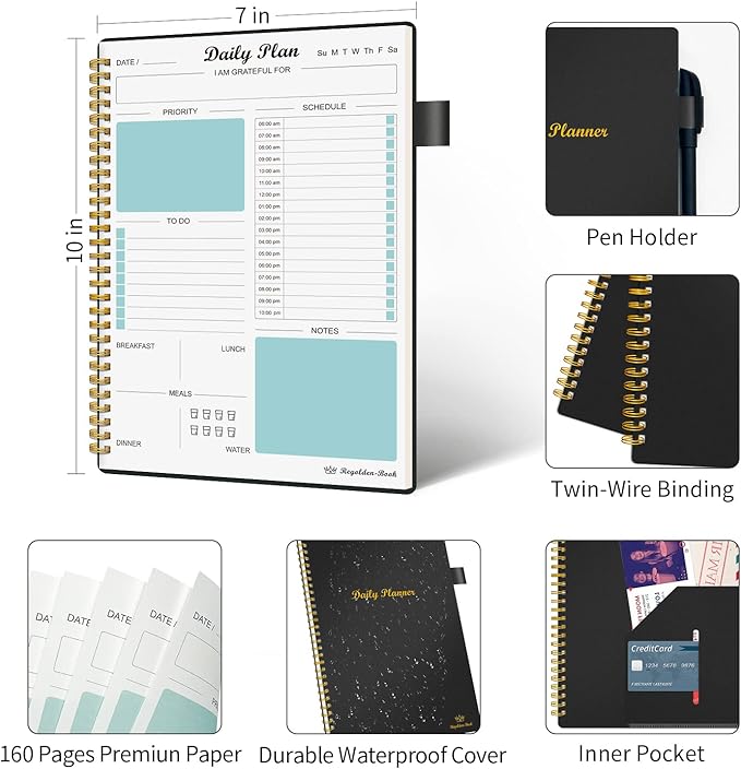 Daily Planner Undated, To Do List Notebook with Hourly Schedule Regolden-Book Calendars Meal, Spiral Appointment Organizers Notebook for Man/Women, Pocket,Pen Loop, 160 Pages (7x10")