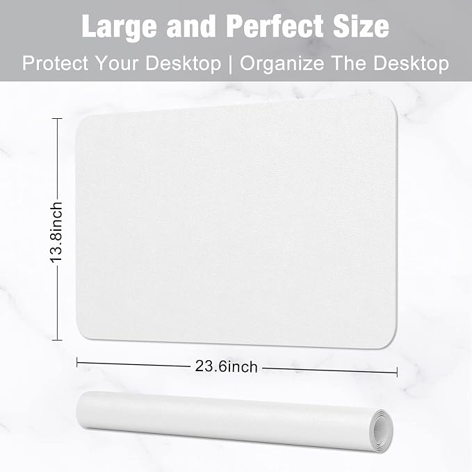 Hsurbtra Desk Pad, 23.6" x 13.8" PU Leather Desk Mat, M Extended Mouse Pad, Waterproof Desktop Blotter Protector, Non-Slip Ultra Thin Small Laptop Keyboard Writing Mat for Office Home, White
