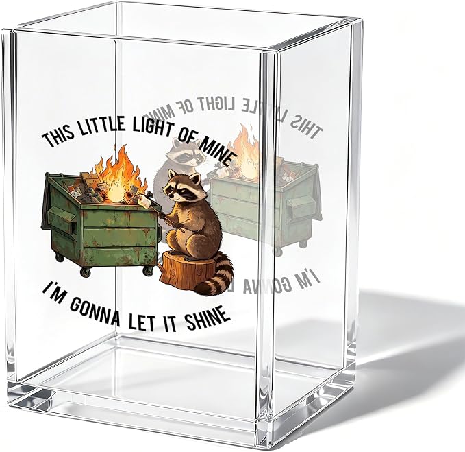 Funny Raccoon Dumpster Fire Office Acrylic Cosmetic Pen Pencil Holder Cup, This Little Light Of Mine Humor Pencil Organizer, Unique Desk Accessories, Motivational Gifts for Women Men（A39）