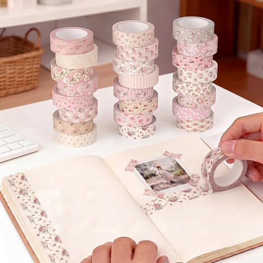 Gueevin 24 Rolls Watercolor Floral Washi Tape Set 15 mm Seasonal Flower Decorative Washi Tape for Craft Arts DIY Scrapbook Journaling Supplies Gift Wrapping (Pink Floral)