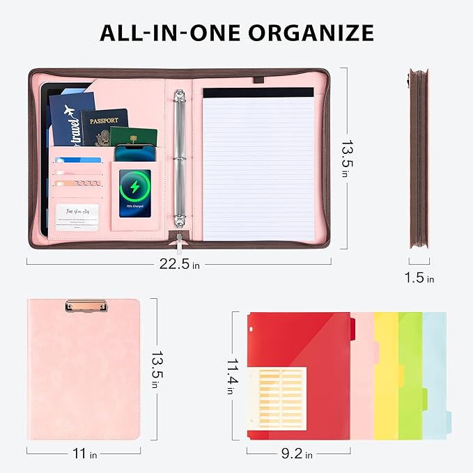 Ospelelf Zippered Padfolio Organizer, Faux Leather 3 Ring Binder with Clipboard, Letter Size Business Portfolio with Notepad, Tablet Sleeve & Phone Pockets for Office Work Pink