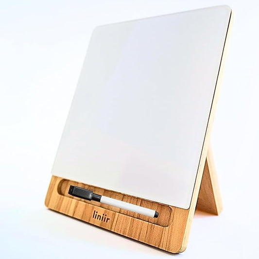White Glass Desktop Whiteboard with Adjustable Wood Stand - Small Desktop Dry Erase Board - Includes Accessories - for Desk, Home, School Supplies