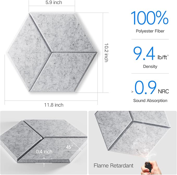 12 Pack Self-Adhesive Acoustic Panels 12" X 10" X 0.4" - Sound Proof Foam Panels with High Density,Stylish Y-Lined Design, Flame Resistant, Absorb Noise and Eliminate Echoes(Silver Gray)