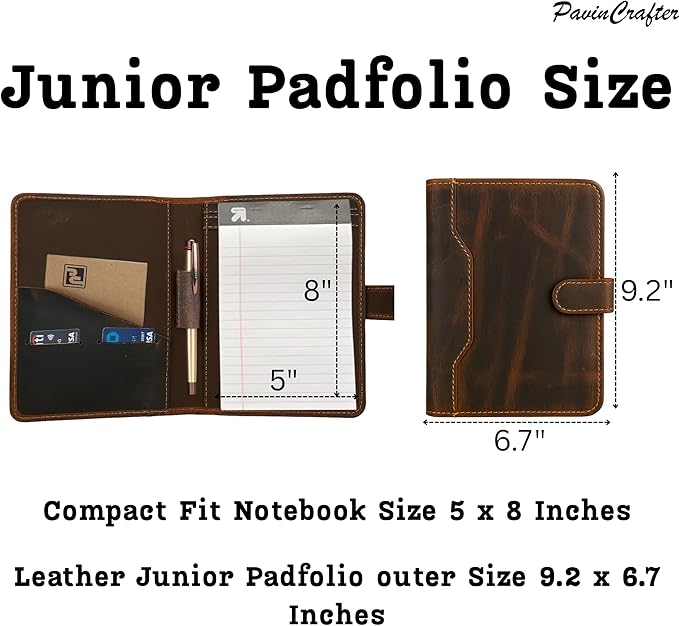 Brown Leather Junior Padfolio 5x8, Small Bifold Business Portfolio Folder for Men & Women, Compact Legal Pad Holder with Pen Loop, Card Holder with Document Pocket, Interview Organizer