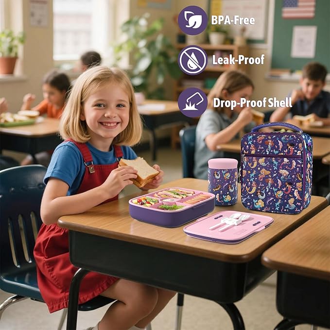 Kids Bento Lunch Box with Thermo Leak-Proof Snack Lunch Container with Insulated Lunch Bag Utensils Set Back to School Supplies Gifts for Boys and Girls Toddlers Kindergarten Lunch Accessories Purple