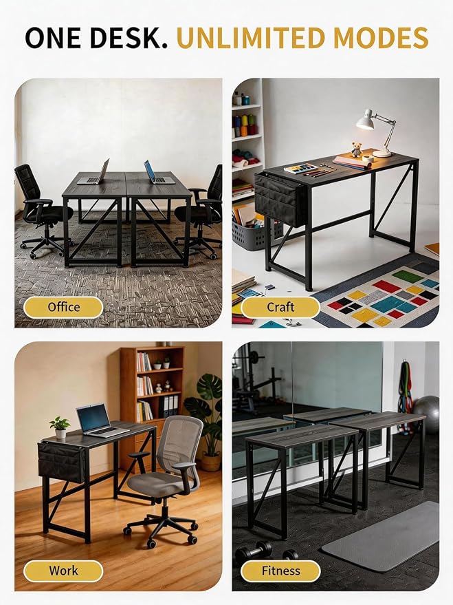 Modern Foldable Writing Computer Desk with Storage Bag, No-Assembly Study Office Desk Foldable Table for Small Spaces, Home Office (Black Oak, 39.4 inch)