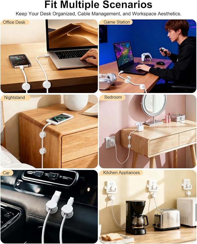 OneLeaf 12 Pack Spring Cable Clips for Phone Charger, One-Hand Cord Holder for Nightstand & Desk, Rotatable Desk Cable Management with Strong Adhesive, White