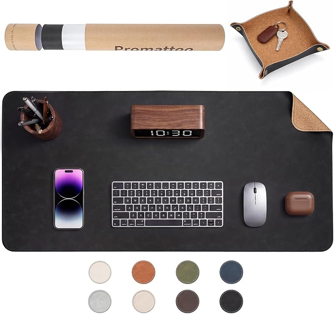 Premium Faux Leather Desk Mat & Tray Set，Innovative Cork-Look Printed Base，Gift Tube Packaging，Full-Desk Coverage，Non-Slip Desk Pad for Office Home（Classic Black）