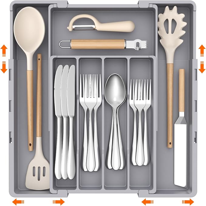Lifewit Silverware Drawer Organizer, Expandable Utensil Tray for Kitchen, BPA Free Flatware and Cutlery Holder, Adjustable Plastic Storage for Spoons Forks Knives, 4-7 Slots, Gray