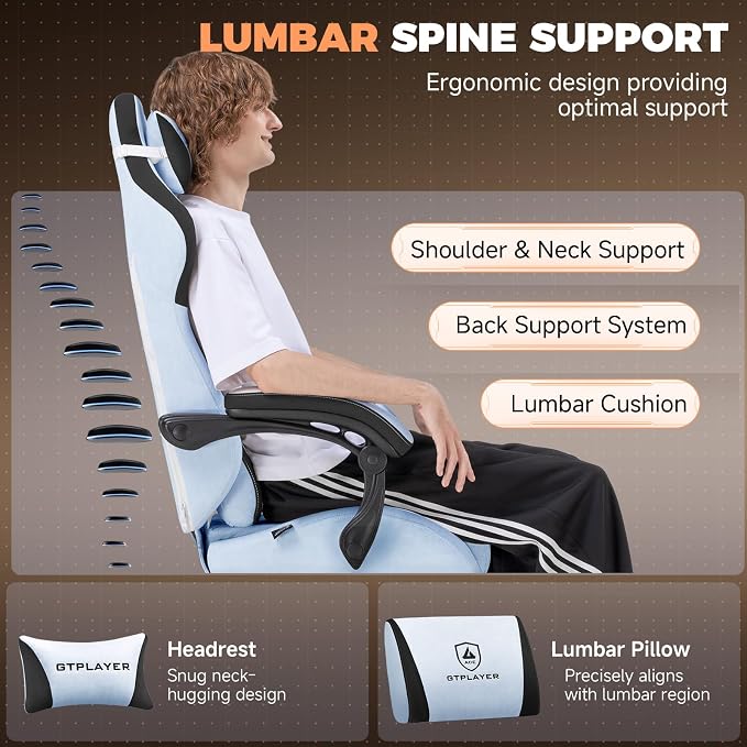 GTPLAYER Gaming Chair with Footrest, Ergonomic Office Chair 400lbs Heavy Duty, Big and Tall Computer Desk Chair with Lumbar Support and Headrest, Breathable Plush Fabric, 90-155° Recline Light Blue