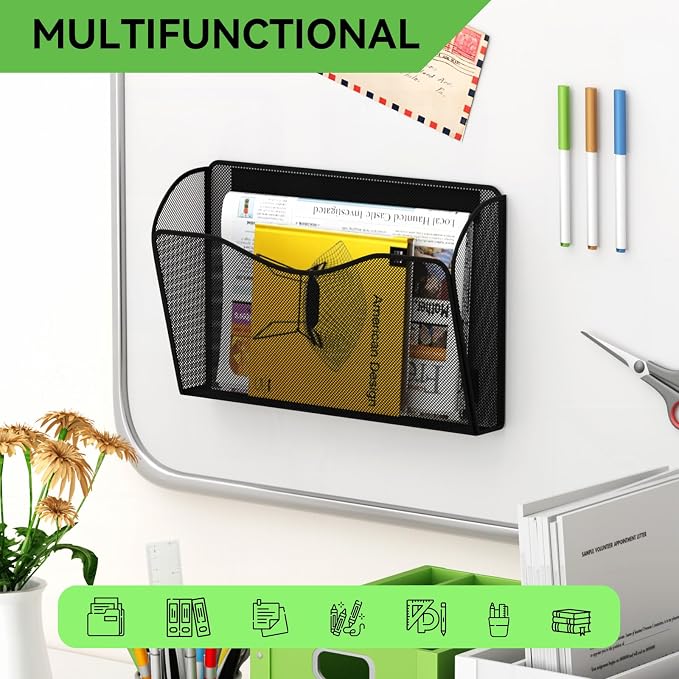 Magnetic File Holder - Heavy Duty Wall File Organizer for Refrigerator & Whiteboard - Strong Magnet Mail Holder & Magazine Rack, No Drilling Document Storage Basket for Office Cabinet