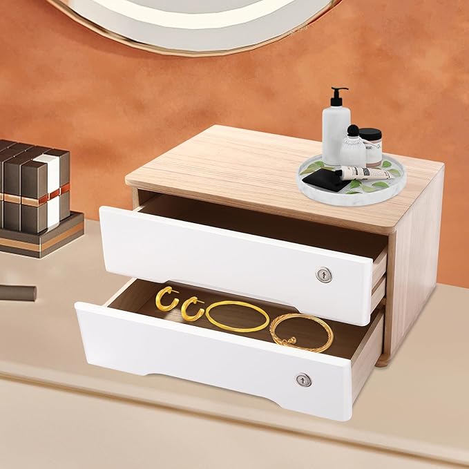 2-Tier Desktop Storage Box with Lockable Drawer, Wooden Desk Organizer for Office Supplies, Flat File Cabinet, Minimalist Design for Home & Office Use(Original Wood+White)