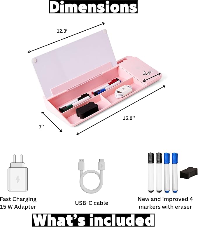 GAROOD Desktop Dry Erase Board with Storage (Pink Base) Wireless Charger Desk White Board Desk Board Glass Desktop White Board with Stand Home Office Organizer Phone Holder 15.8X7X2 inches