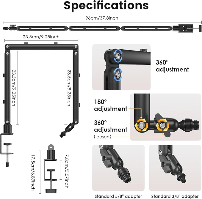 Adjustable Microphone Boom Arm for Lightweight Mics, 30-inch Rotatable Desk Stand with Cable Management & 3/8" 5/8" Threads, Space-Saving Design for Streaming, Podcasting, Gaming (Black)