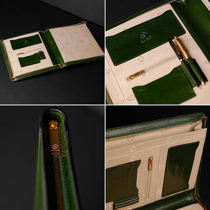 Time Resistance Leather Portfolio - A4 Document Folder - Italian Handcrafted Padfolio Organizer (Green) - Gift Box Included