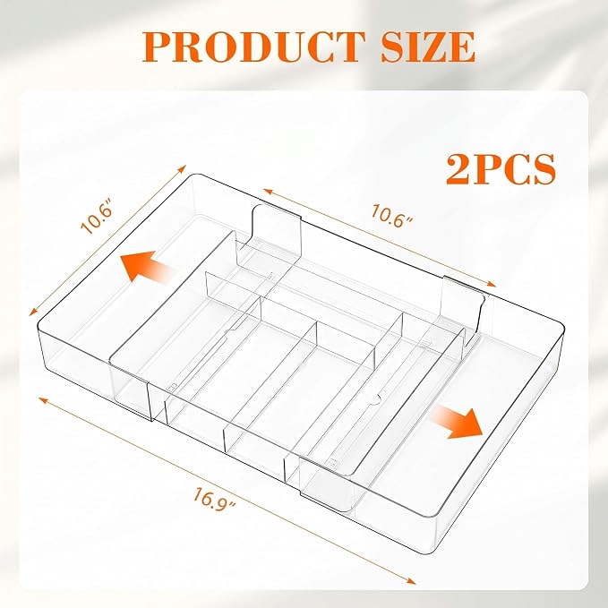 Briwooody 2 Pcs Large Expandable Acrylic Drawer Organizers, Grid Adjustable Drawer, Dividers Organizer for Desk, Makeup, Jewelry, Office, Kitchen Supplies (Clear,8 Compartments)
