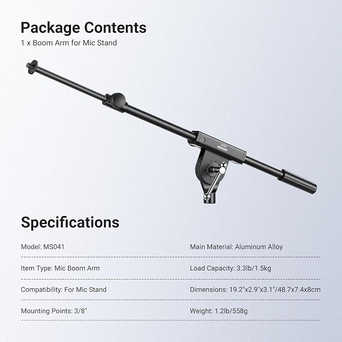 NEEWER Microphone Boom Arm for Mic Stand, Aluminum Compact Lightweight Portable Telescopic Extension Pole, 1/4" Screw & 3/8" Spigot for Universal Mics Adapter Mount Accessories, Max Load 3.3 lb, MS041