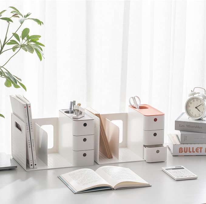 White Plastic Desktop Organizer with File Holder,3-tier Drawers with Pen Holder,Book Stand for Office Supplies and Desk Accessories (White+Blue)