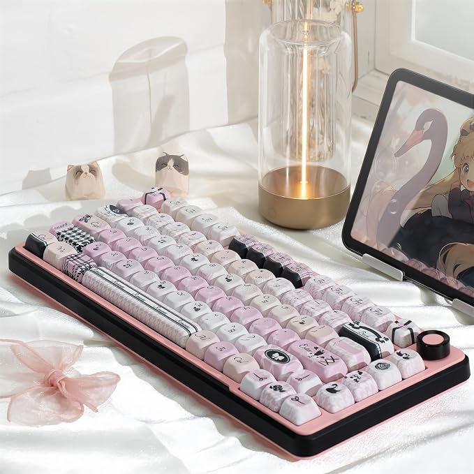 Black Pink Cute Keycaps,MOA Pofile Swan-Theme Custom Keycap Dye Sublimation PBT Keycaps 131 Keys Full Size Keycap Set for Cherry MX Switches 60% 75% 100% Mechanical Gaming Keyboard