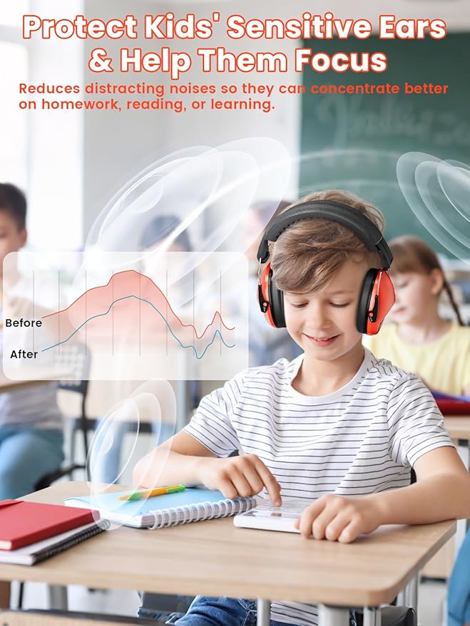 Ear Muffs for Noise Reduction: 27.4SNR Noise Cancelling Headphones for Kids Adults, EM100 Adjustable Hearing Protection Earmuffs for Monster Jam, Autism Sensory, Concerts, Fireworks Orange