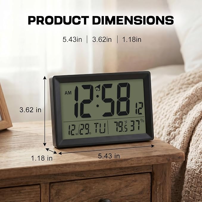 Digital Wall Clock Battery Operated with LCD Display, 6.5” Small Digital Clock with Seconds/Temperature/Humidity/Snooze - 12/24H, Digital Alarm Clocks for Bedrooms, Living Room, Office, Gym