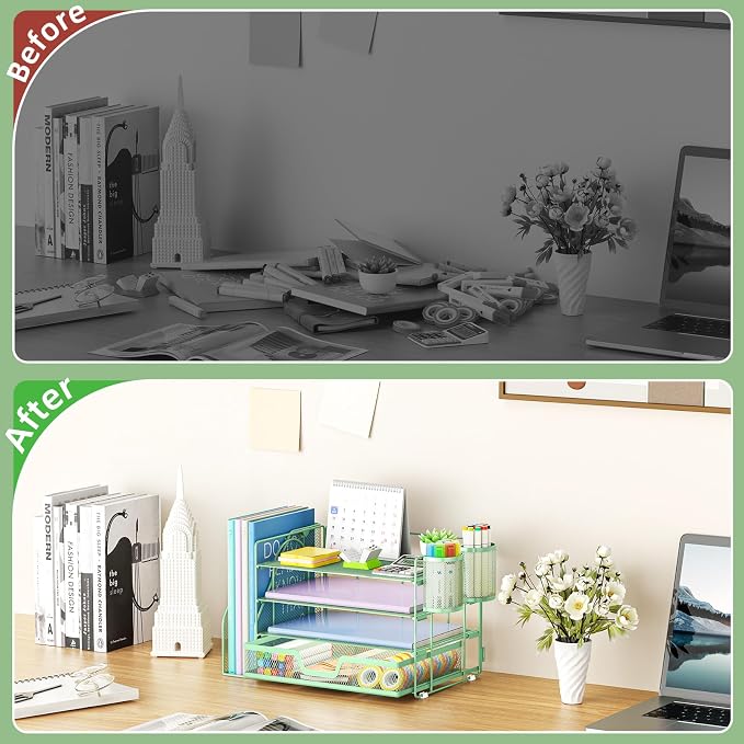 Marbrasse 4-Tier Paper Tray Organizer with Drawer and Pen Holder, Green | Metal Mesh Desk Organizer, Built-in Drawer & 2 Pen Slots, fits letters/Files, for School Home Office Supplies