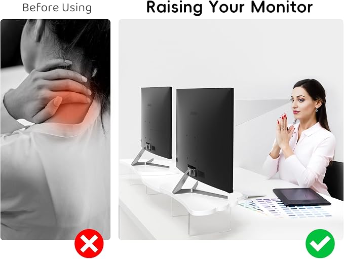 AFOOYO Dual Monitor Stand Riser, Wing-Shaped Sturdy Desktop Wood Stand for 2 Monitors, White Riser for Laptop, PC, Computer