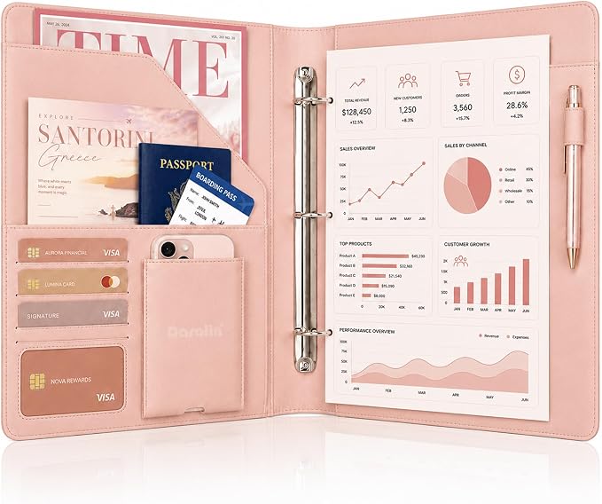 Darolin Leather Portfolio 3 Ring Binder Business Resume Folder -Rosegold | Premium Padfolio Binder Fits A4, Letter Size, Document Organizer for Meetings, Interviews, Travel, Padfolio for Women Men