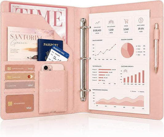 Darolin Leather Portfolio 3 Ring Binder Business Resume Folder -Rosegold | Premium Padfolio Binder Fits A4, Letter Size, Document Organizer for Meetings, Interviews, Travel, Padfolio for Women Men