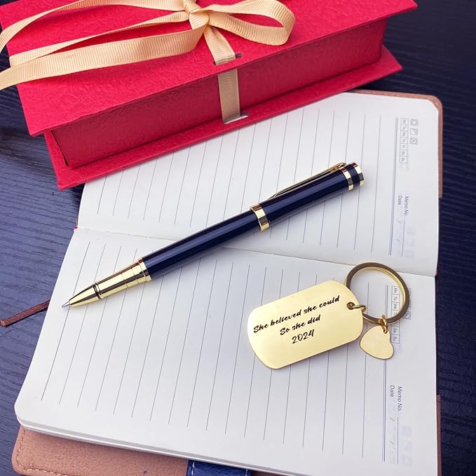 Yastar Custom Office Pen with Custom Keychain Business Gift Set with Pen Box 2 extra Black Refills Engraved with your Message Names Company Names Phone Number Souvenir Gift for Colleague Friends