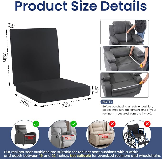 Recliner Seat Cushion, Egg Foam Creat Seat Cushion & Memory Foam Back Pad | Pressure Relief Chair Cushion for Elderly, Wheelchair, Office Chair, 20x20x4in Seat, 20x22x3in Back, Black