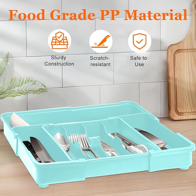 Silverware Organizer - Expandable Silverware Drawer Organizer Adjustable Drawer Organizer, Silverware Tray for Drawer15.2"x 19" Cutlery Drawer Organizer, Kitchen Organizers Storage, Turquoise
