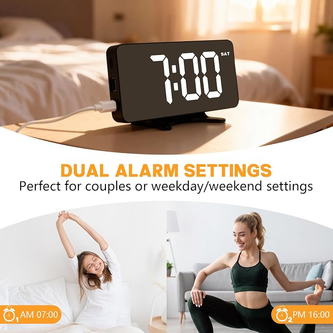 Digital Alarm Clock for Bedroom Dimmable Dual Desk Clock for Heavy Sleepers | Easy Setup, Large Number, Power-Off Memory, 5 Alarm Modes